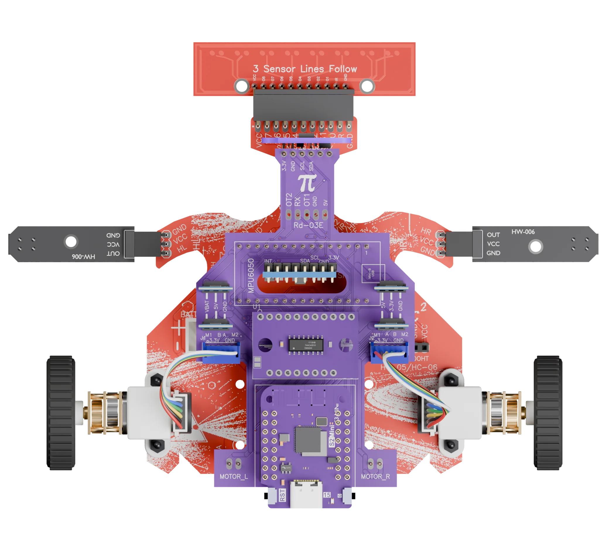 Open Lambda Core visto desde arriba: el arreglo de sensores al frente, el Escudo Core con el ESP32-S3 al centro y los motores con sus ruedas atrás.